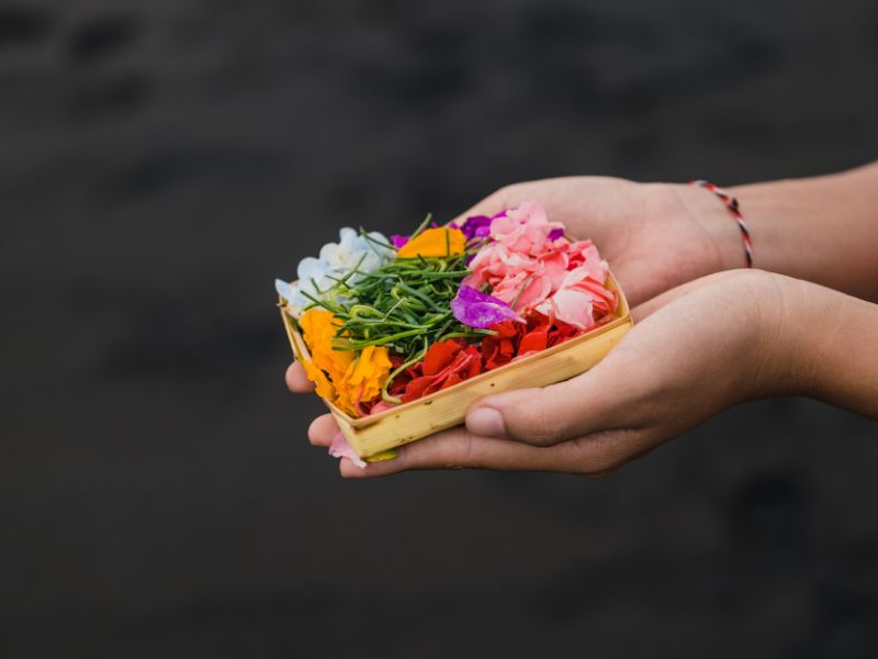 Barbara Erdt hält eine Schale mit Blütenblättern. Sie bietet Akupunktur in Dingolfing an.