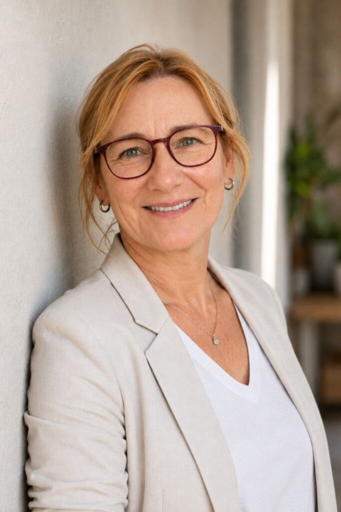 Porträt von Barbara Erdt. Die Expertin für biophysikalische Austestung steht in einem hellen Blazer entspannt vor einer hellen Wand.