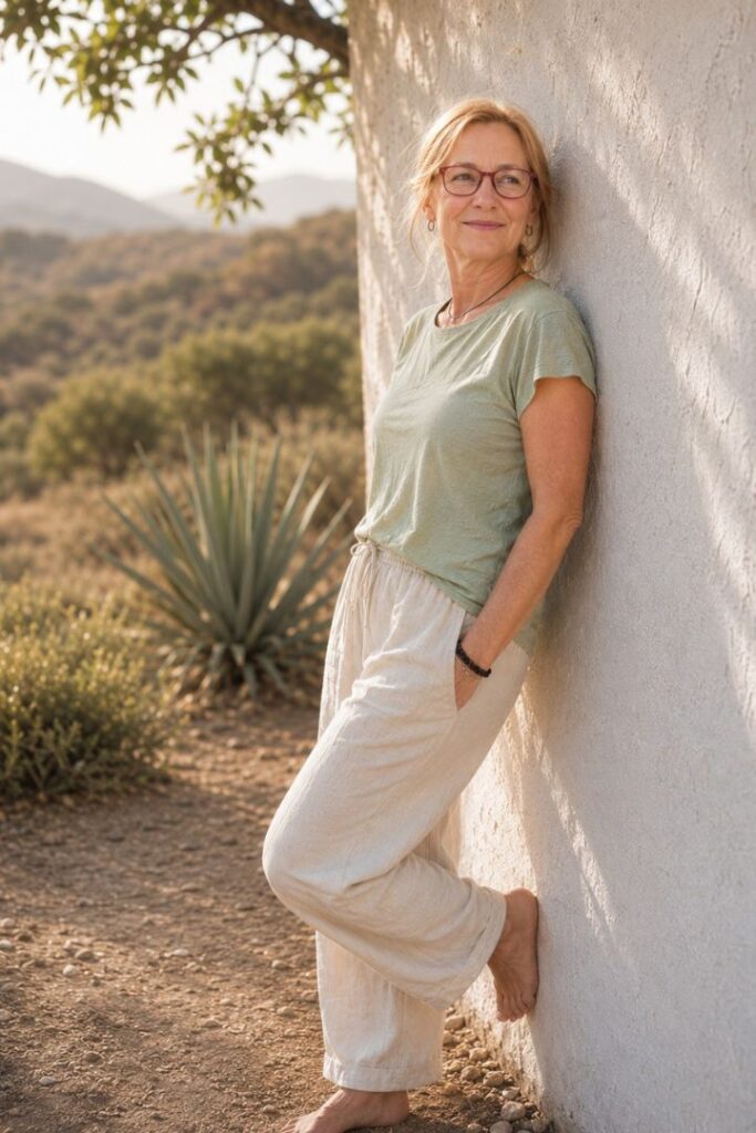 Porträt von Barbara Erdt im warmen Sonnenlicht. Der Experte für biophysikalische Regulation steht barfuß und entspannt an einer hellen Wand in der Natur.