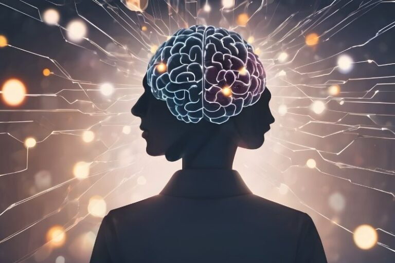 Stilisierte Silhouette eines Menschen mit leuchtendem Gehirn und feinen Lichtlinien. Das Motiv symbolisiert ein überreiztes Nervensystem und ganzheitliche Brainfog Ursachen.