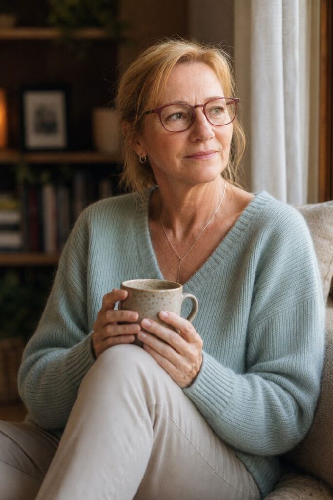 Barbara Erdt hält eine Teetasse und blickt ruhig aus dem Fenster, ein Sinnbild für ein reguliertes Nervensystem.