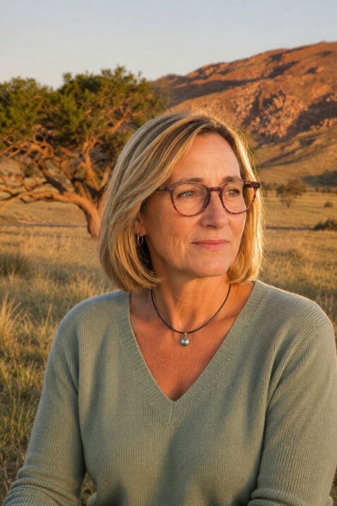 Barbara Erdt steht entspannt in der Natur im warmen Abendlicht, passend zum Thema innere Unruhe abbauen.