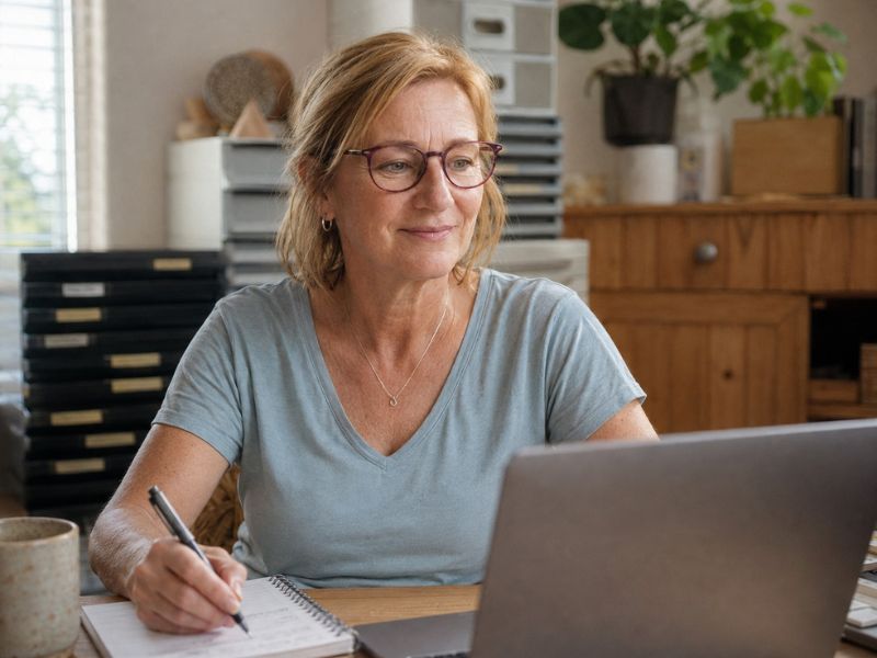 Barbara Erdt arbeitet fokussiert an ihrem Laptop während einer ortsunabhängigen Online-Beratung.